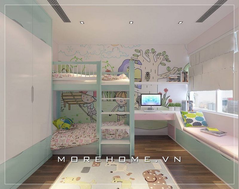 Nội thất phòng ngủ trẻ em hiện đại,  giường ngủ gỗ công nghiệp với sự kết hợp hài hòa màu sắc tạo điểm nhấn nổi bật cho cả không gian