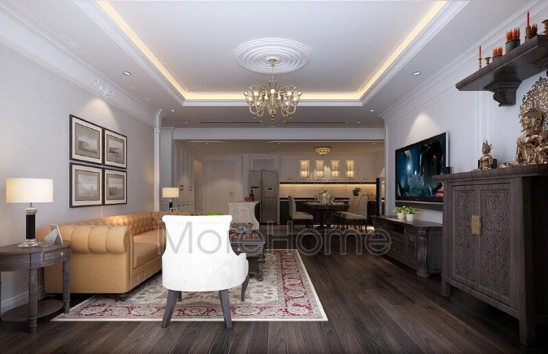 Phòng khách chung cư ấn tượng và nổi bật hơn với chiếc kệ ti vi tân cổ điển tích hợp kệ decor trang trí