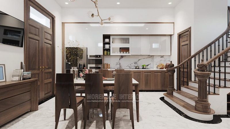 Trang trí không gian phòng ăn với đèn thả trần hiện đại, ánh sáng nhẹ nhàng cho không gian ấm cúng