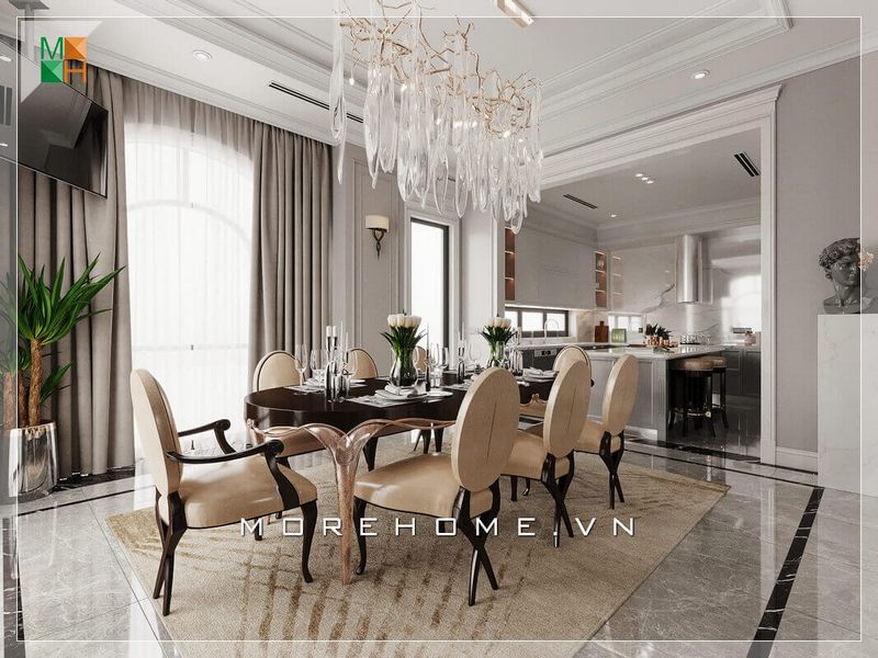 Mẫu bàn ăn gỗ, 8 ghế bọc da chân gỗ óc chó cao cấp thiết kế theo phong cách tân cổ điển sang trọng cho biệt thự, nhà phố.