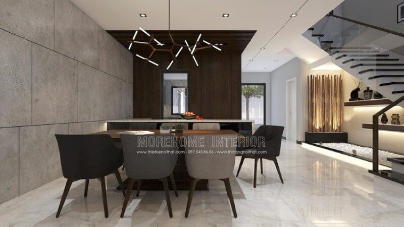 Trang trí phòng ăn hiện đại độc đáo dành cho không gian rộng như nhà phố, biệt thự với ý tưởng bố trí mở phòng ăn liền kề phòng khách, phòng bếp.