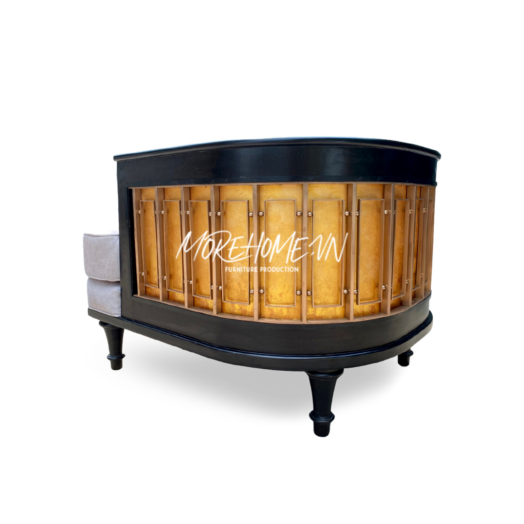 Mẫu ghế sofa phòng khách chất liệu gỗ tự nhiên Sồi màu đen sang trọng, hiện đại kết hợp hiệu ứng sơn vàng tạo điểm nhấn