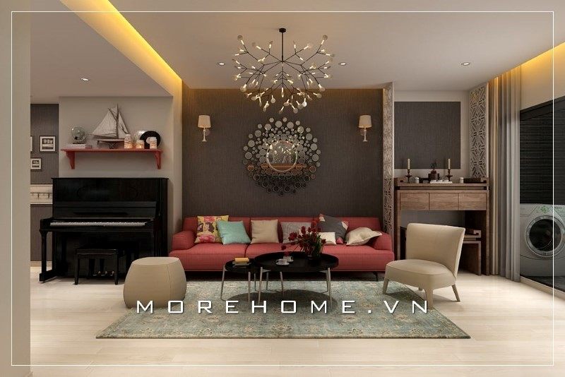 Ghế sofa màu đỏ góp phần mang tới sự nổi bật và ấn tượng với khách đến chơi nhà ngay từ cái nhìn đầu tiên.