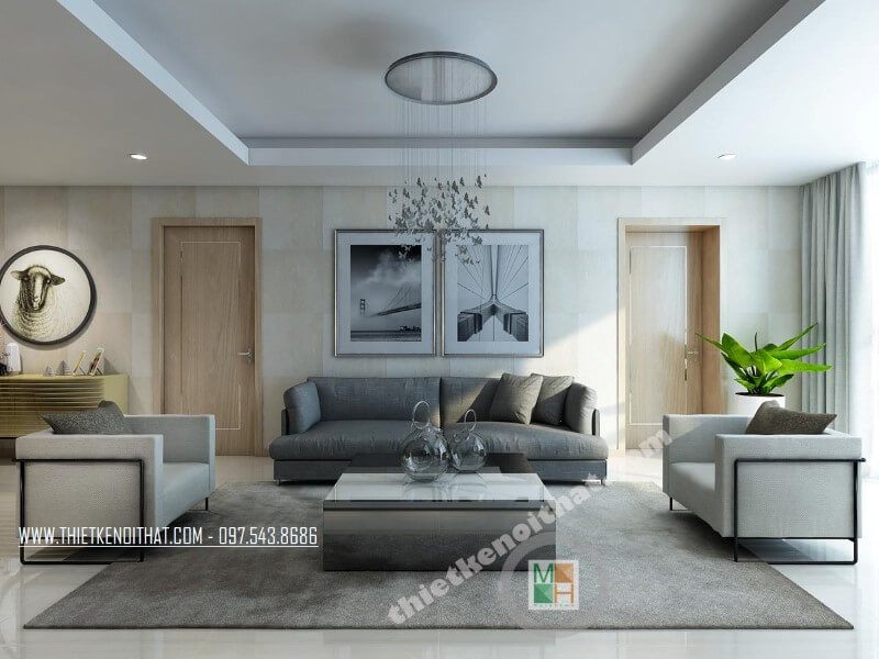 của bạn
Bộ sofa bọc vải cao cấp gồm một chiếc ghế sofa dài màu xám và hai ghế đơn màu xám sẽ làm nổi bật phòng khách chung cư của bạn.