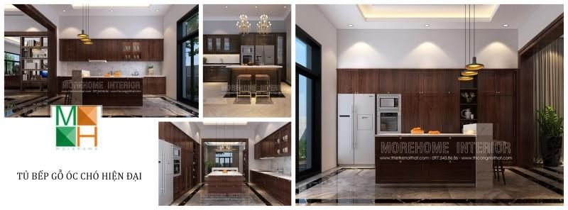 Thiết kế tủ bếp gỗ óc chó hiện đại đẹp là phải biết biết kết hợp tính năng sử dụng và tiện lợi trong quá trình thi công thiết kế nội thất.
